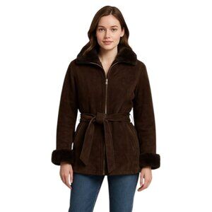 Wilsons Leather Brown Faux Fur Collar Cuffs Suede Leather Coat